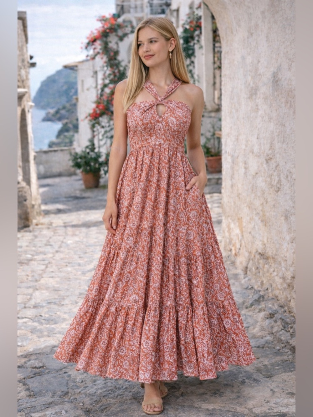 Miss Me Terracotta Floral Halter Maxi Dress | Boho Euro Summer Resort Dress